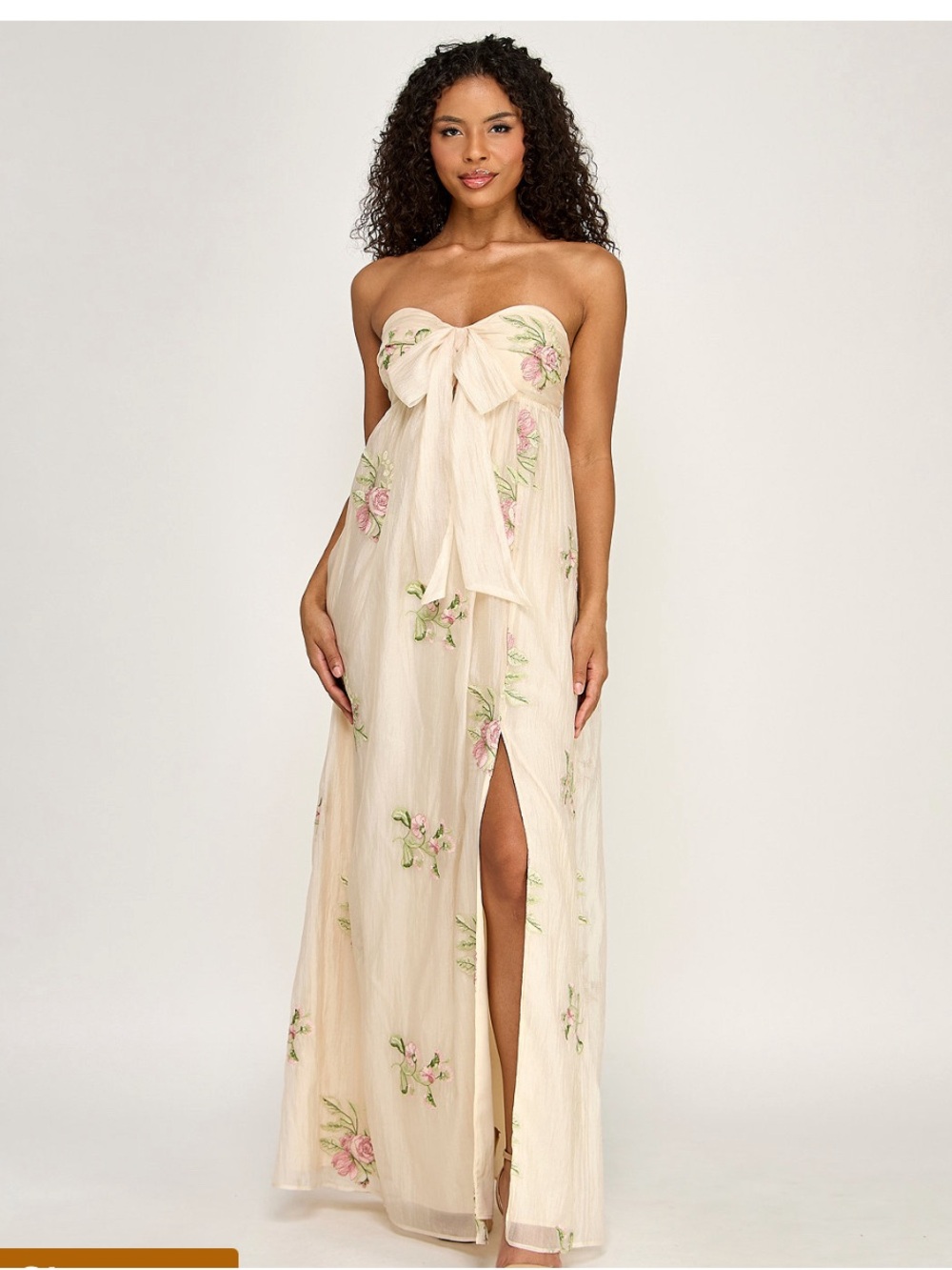 Strapless Cream Floral Bow-Front Maxi Dress